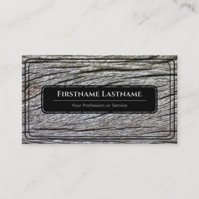 Elegant black framed wooden style wood grain grey business card (Front)