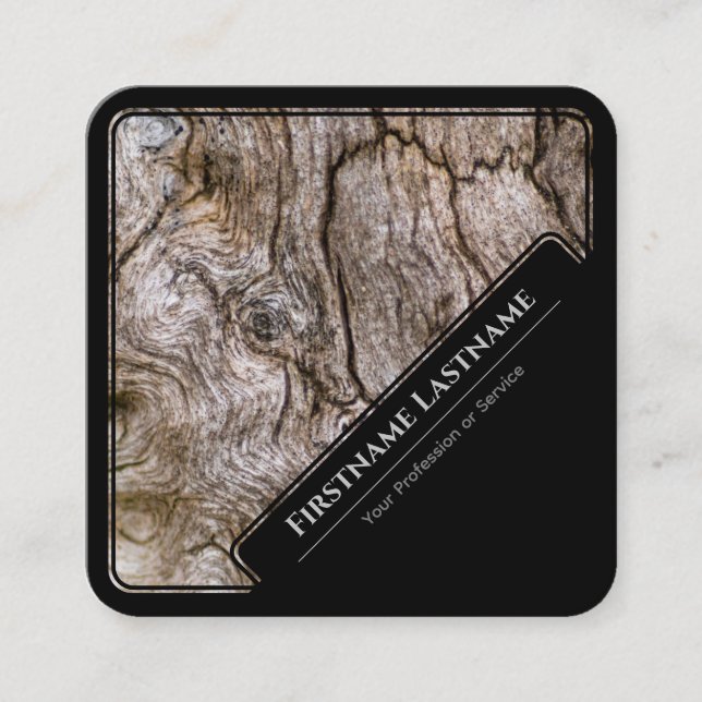 Elegant black framed wooden style wood grain square business card (Front)