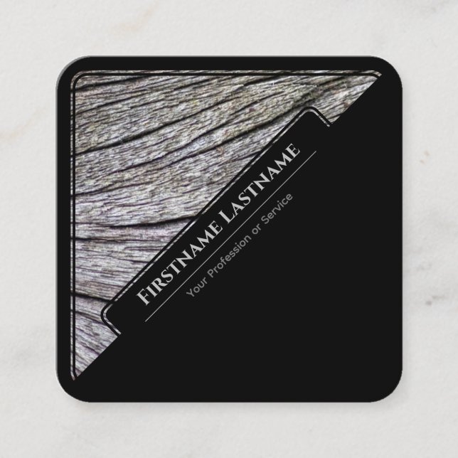Elegant black framed wooden style wood grain square business card (Front)