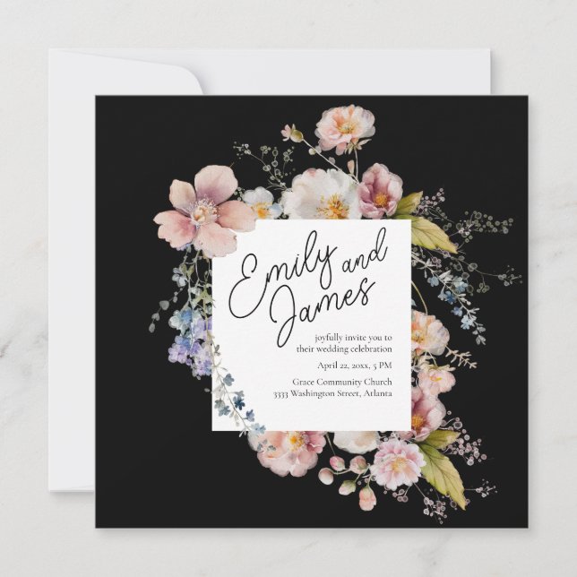 Elegant Black Garden Wildflower Wedding Invitation (Front)