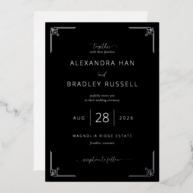Elegant Black Geometric Wedding Invitation (Front/Back)