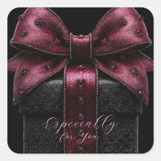 Elegant Black Gift Box with Burgundy Bow Square Sticker