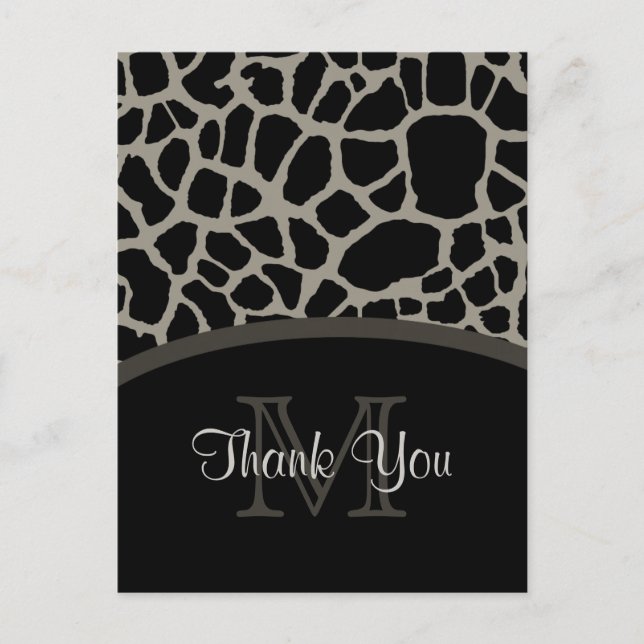 Elegant Black Giraffe Print Monogram Thank You Postcard (Front)