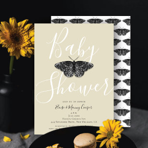 Elegant Black Glitter Butterfly Cream Baby Shower Invitation