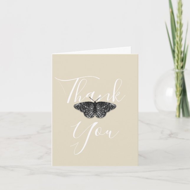 Elegant Black Glitter Butterfly Cream Folded Thank You Card (Front)