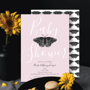 Elegant Black Glitter Butterfly Pink Baby Shower  Invitation