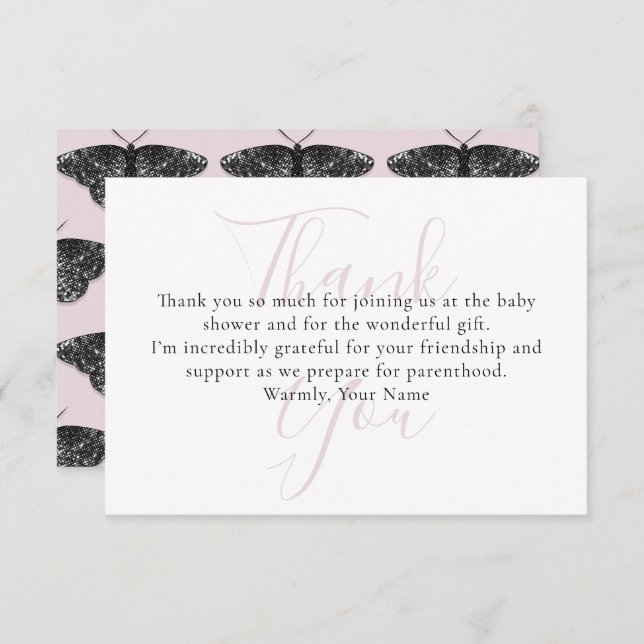 Elegant Black Glitter Butterfly Thank You Card (Front/Back)