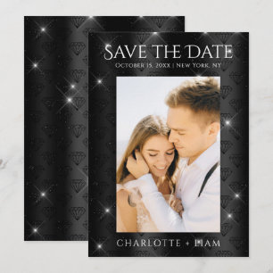Elegant Black Glitter Diamond Photo Save The Date