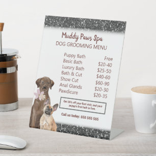 Elegant Black Glitter Dog Grooming Menu Pedestal Sign