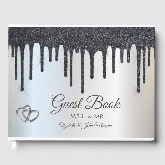 Elegant Black Glitter Drips Hearts Wedding Guest Book (Front)