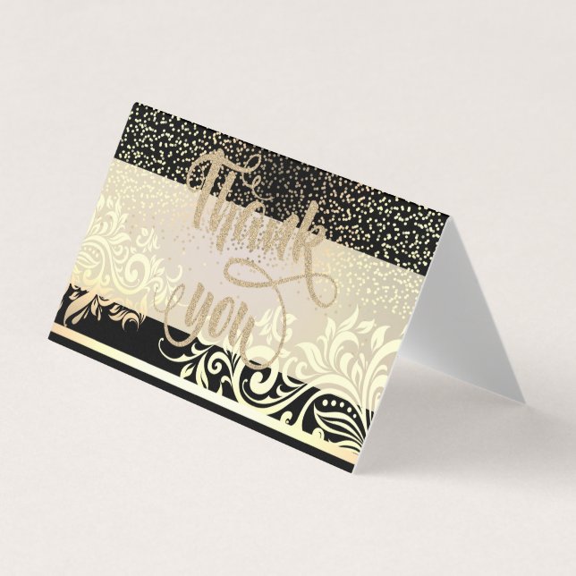 Elegant Black,Glitter Gold Confetti Thank You Card (Front)