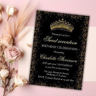 Elegant Black Glitter Gold Crown Sweet 17 Birthday Invitation
