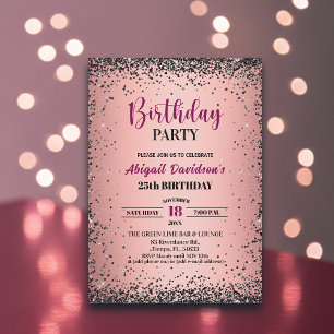 Elegant Black Glitter Metallic Pink 25th Birthday Invitation