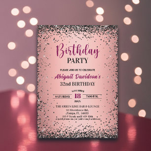 Elegant Black Glitter Metallic Pink 32nd Birthday Invitation