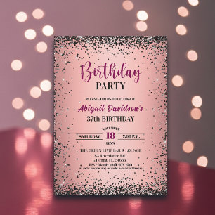 Elegant Black Glitter Metallic Pink 37th Birthday Invitation