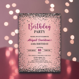 Elegant Black Glitter Metallic Pink 44th Birthday Invitation