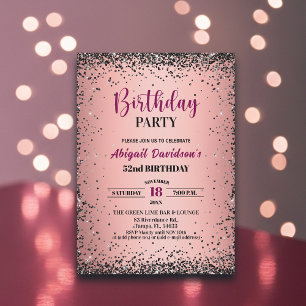Elegant Black Glitter Metallic Pink 52nd Birthday Invitation