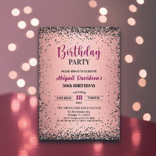 Elegant Black Glitter Metallic Pink 56th Birthday Invitation