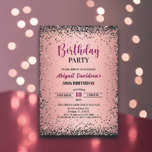 Elegant Black Glitter Metallic Pink 58th Birthday Invitation