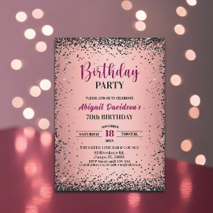 Elegant Black Glitter Metallic Pink 70th Birthday Invitation
