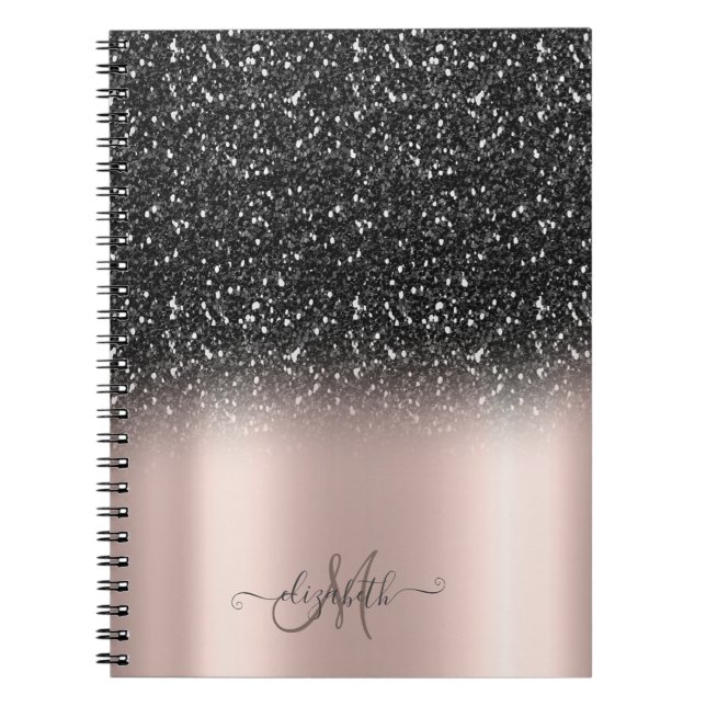 Elegant Black Glitter Ombre Monogram Rose Gold Notebook (Front)