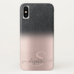 Elegant Black Glitter Ombre Rose Gold Monogram iPhone X Case
