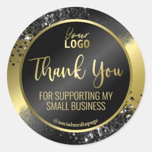 Elegant Black Glitter On Gold Foil Thank You Logo Classic Round Sticker