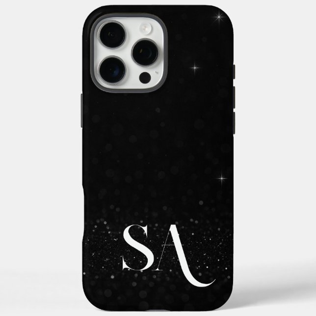 Elegant Black Glitter Phone Case with Initials (Back)