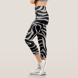 Elegant Black Glitter Silver Zebra Animal Print Capri Leggings