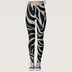 Elegant Black Glitter Silver Zebra Animal Print Leggings
