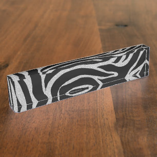 Elegant Black Glitter Silver Zebra Animal Print Nameplate