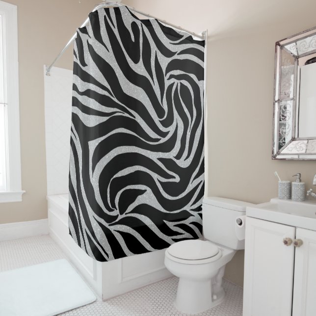 Elegant Black Glitter Silver Zebra Animal Print Shower Curtain (In Situ)
