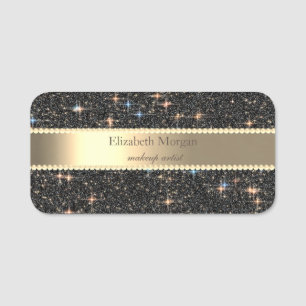 Elegant Black Glitter Sparkle Stripe Pearls Name Tag