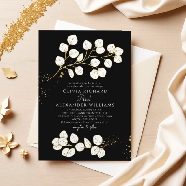 Elegant Black Glod greenery Eucalyptus Wedding Invitation (Creator Uploaded)