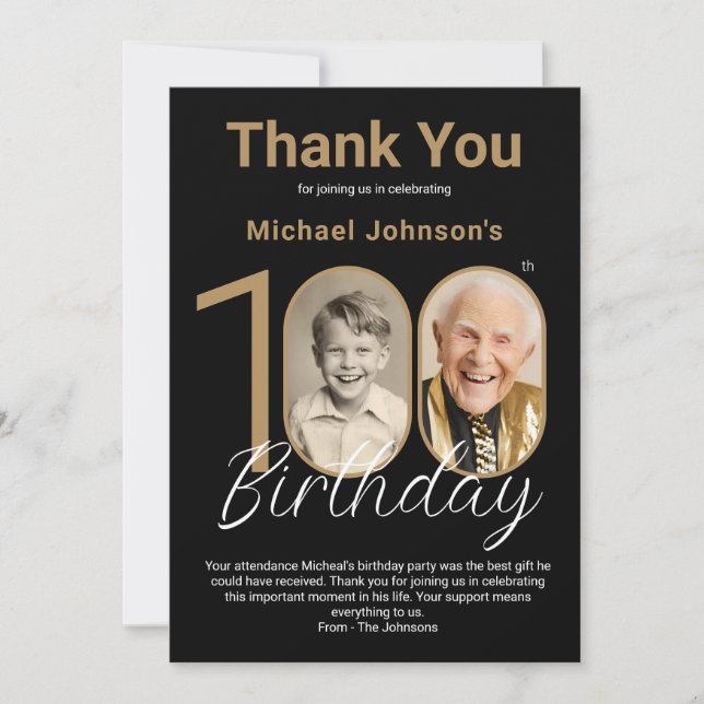 Elegant Black Gold 100th Birthday  Thank You Card (Front)