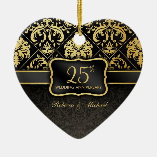 Elegant Black & Gold 25th Wedding Anniversary Ceramic Tree Decoration (Front)