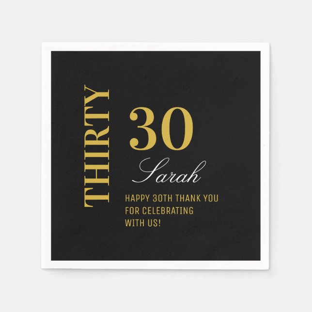 Elegant Black Gold 30 Birthday Cocktail Party  Napkin (Front)