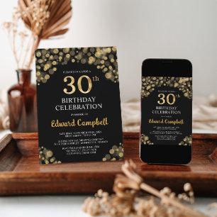Elegant Black & Gold 30th Birthday Invitation