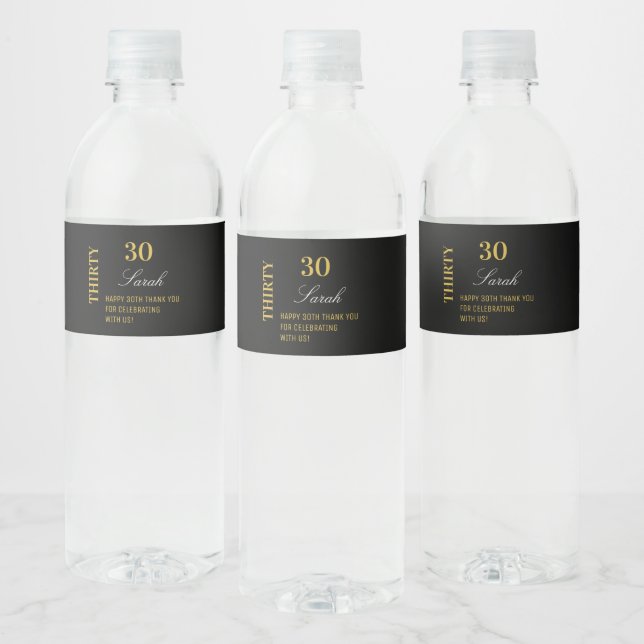 Elegant Black Gold 30th Birthday Thank You Custom  Water Bottle Label (Bottles)