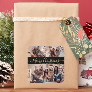 Elegant Black Gold 3 Photo Collage Christmas  Square Sticker