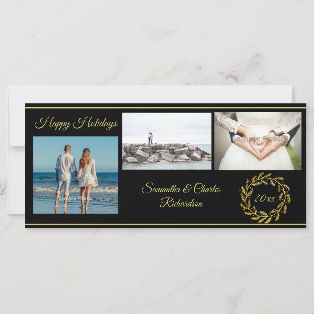 Elegant Black Gold 3 Photo Holiday Card (Front)