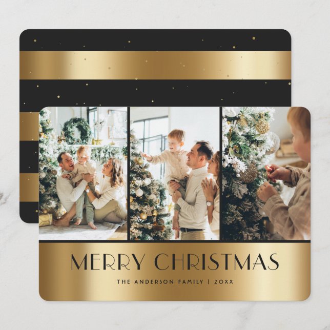 Elegant Black Gold 3 Photo Merry Christmas Card (Front/Back)