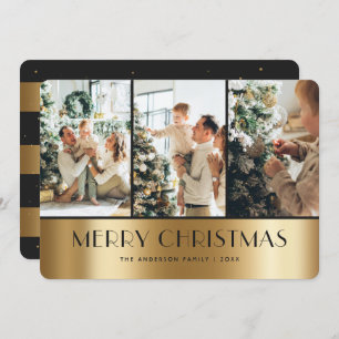 Elegant Black Gold 3 Photo Merry Christmas Card