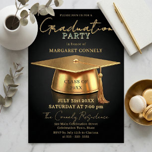 Elegant Black & Gold 3D Cap Graduation Party Invitation