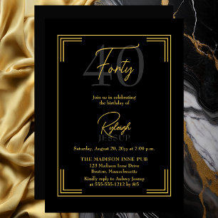 Elegant Black Gold 40th Birthday Art Deco Party Invitation