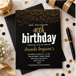 Elegant Black & Gold 40th Birthday Party Invitation