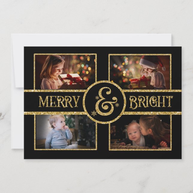 Elegant Black & Gold 4 Photo 2 sided Christmas Holiday Card (Front)