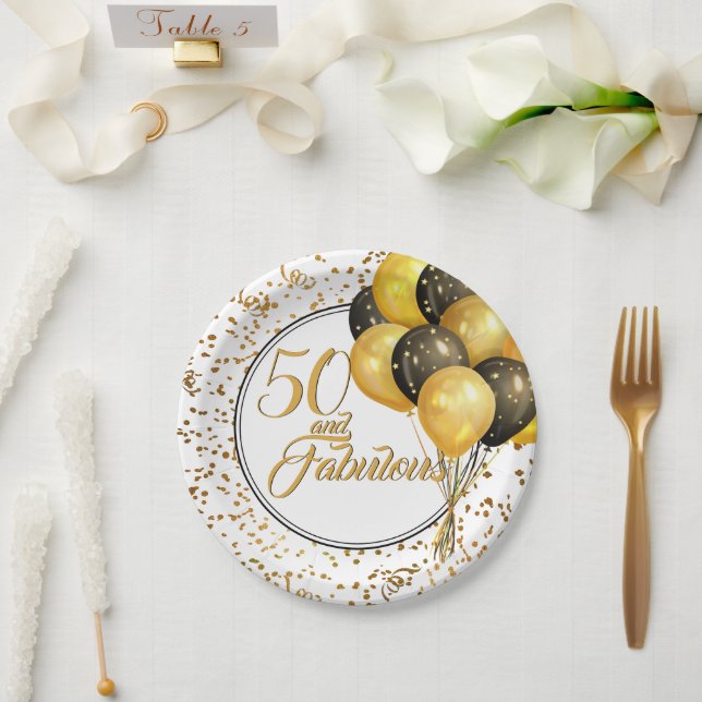 Elegant Black Gold 50 and Fabulous Birthday Paper  Paper Plate (Wedding)