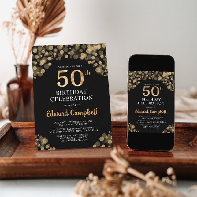 Elegant Black & Gold 50th Birthday Invitation (Creator Uploaded)