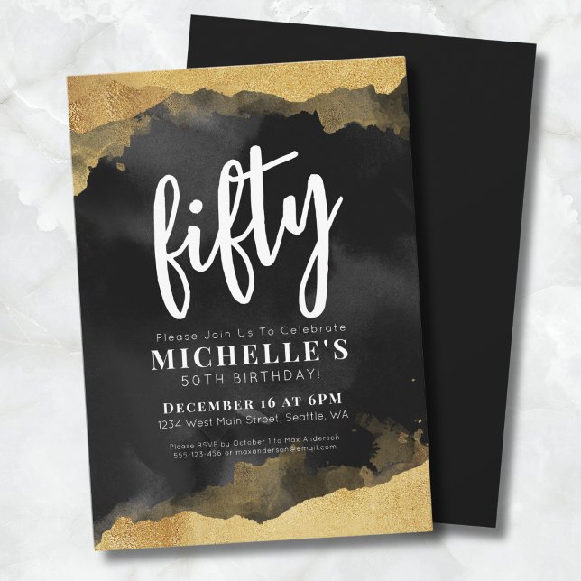 Elegant Black Gold 50th Birthday Invitation (Elegant Black Gold 50th Birthday Invitation)
